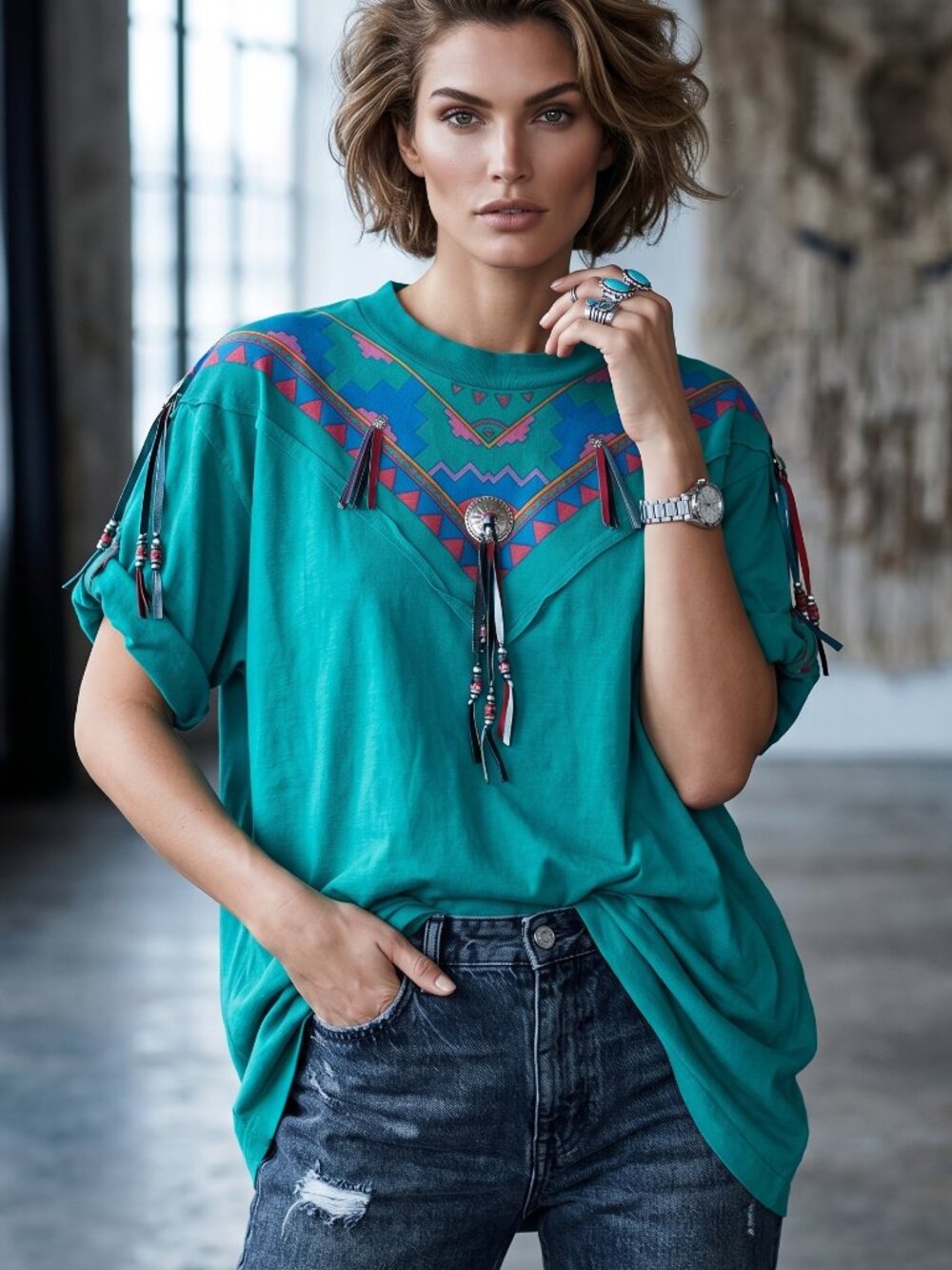 Fruit of the Loom Best Single Stitch Aztec Retro Southwestern Size Large Concho